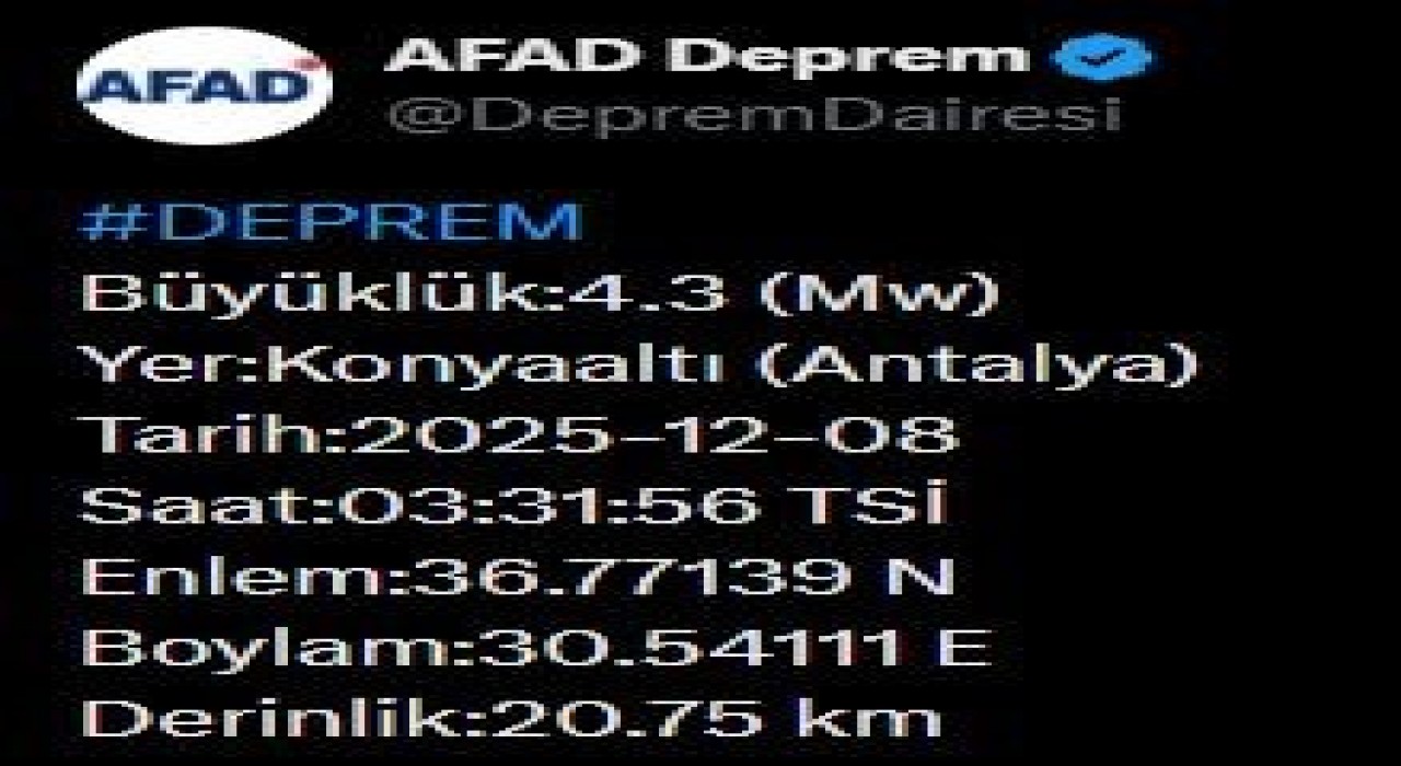 Antalyada 4.3 büyüklüğünde deprem