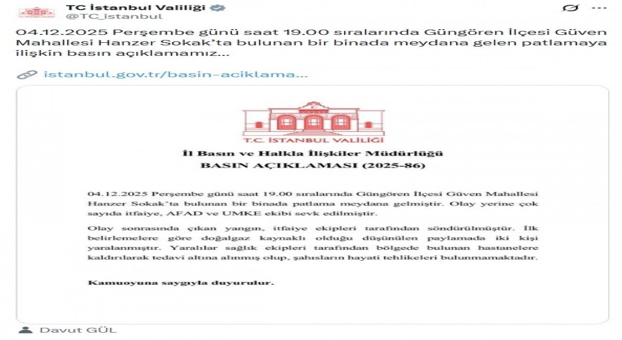 İstanbul Valiliğinden Güngörendeki patlamayla ilgili açıklama: Doğalgaz kaynaklı olduğu düşünülen patlamada 2 kişi yaralandı