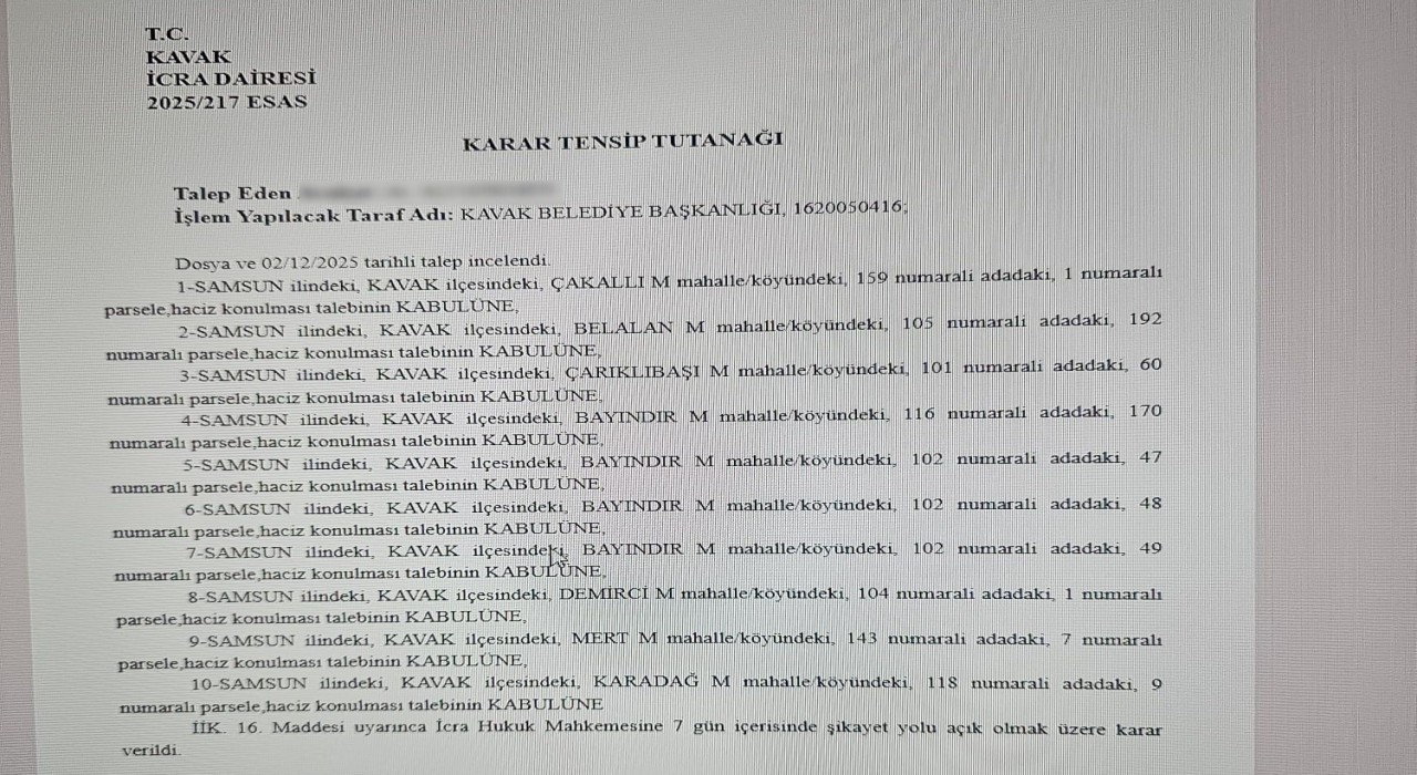 Kavak Belediyesine ait 10 taşınmaza haciz