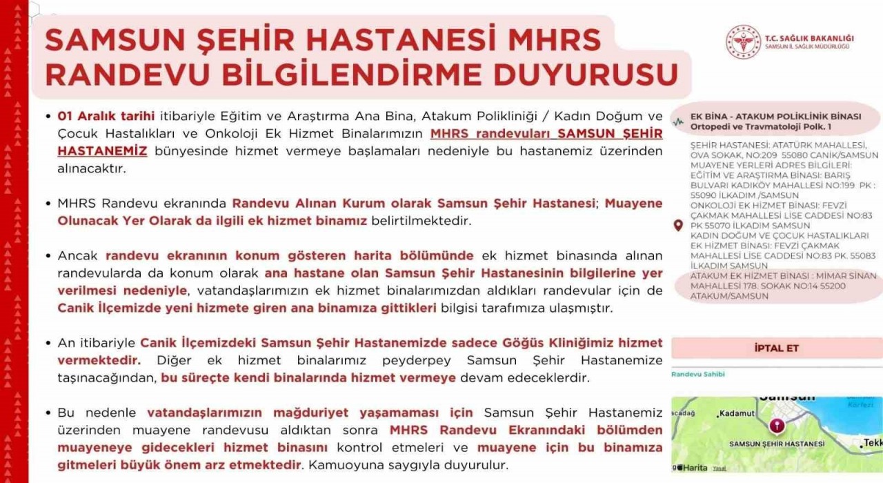 Samsun Şehir Hastanesi randevularında hizmet binası karışıklığına dikkat