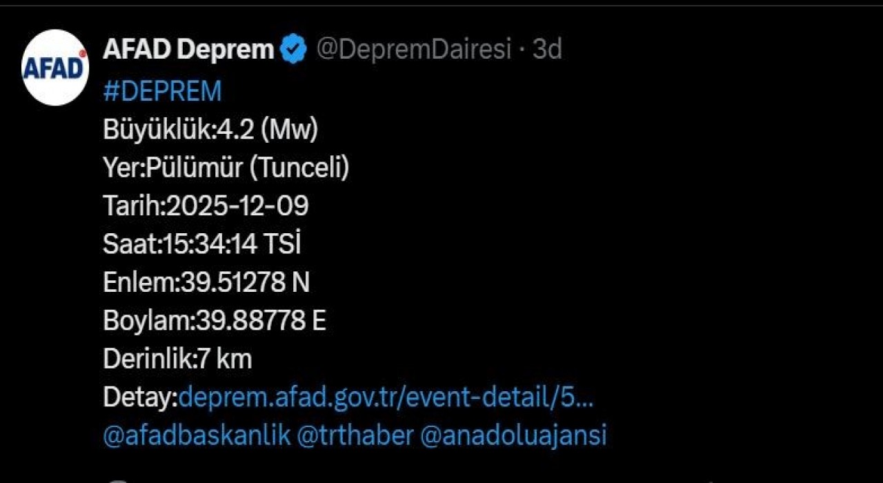 Tuncelide 4.2 büyüklüğünde deprem