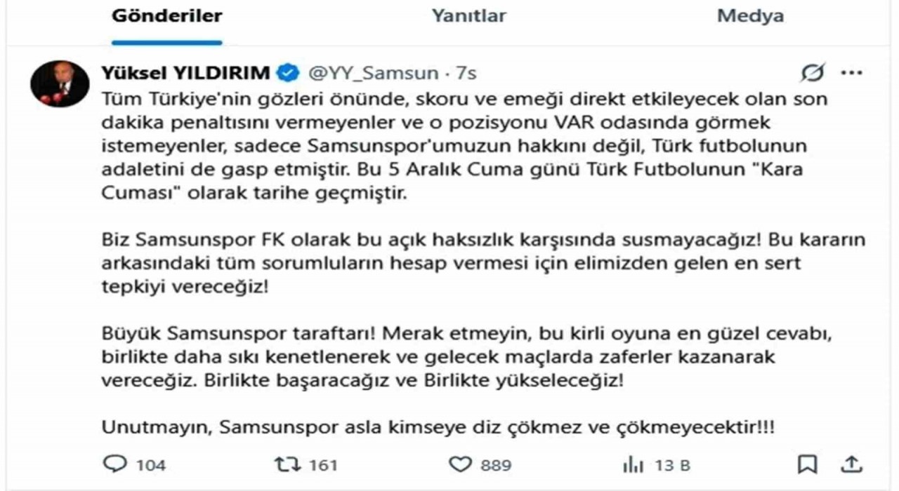 Yüksel Yıldırım: Samsunspor asla kimseye diz çökmez ve çökmeyecek