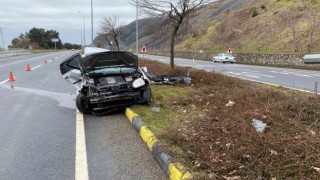 Aydınlatma direğine çarpan otomobil kağıt gibi ikiye katlandı
