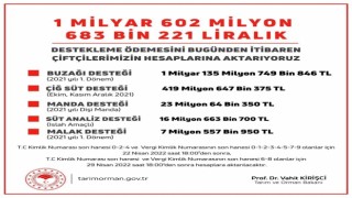 Bakan Kirişci, 5 farklı kalemde 1 milyar 602 milyon liralık destek ödemelerinin başladığını bildirdi