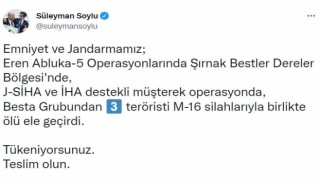 Bakan Soylu duyurdu: “Besta Grubundan 3 terörist silahlarıyla birlikte ölü ele geçirildi”