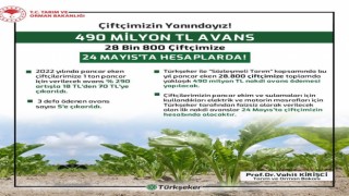 Pancar eken 28 bin 800 çiftçiye 490 milyon lira nakdi avans ödemesi yapılacak