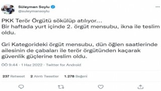 İçişleri Bakanı Soylu: “Gri kategorideki örgüt mensubu teslim oldu”