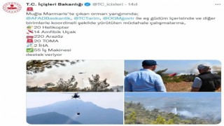İçişleri Bakanlığı: “Marmaristeki yangına 20 helikopter, 14 amfibik uçak, 220 arazöz ve 2 İHA destek veriyor”