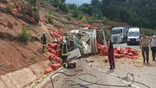 Tonlarca soğan devrilen kamyondan yola saçıldı
