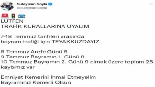 Bakan Soylu: “7-18 Temmuz tarihleri arasında bayram trafiği için teyakkuzdayız”