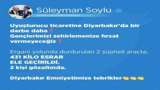 Bakan Soylu duyurdu: Diyarbakırda 431 kilogram esrar ele geçirildi