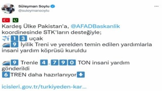 Bakan Soylu: “Kardeş ülke Pakistana 13 uçak, 9 İyilik Treni ile insani yardım köprüsü kuruldu