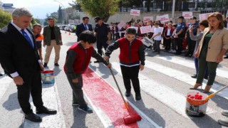 Safranboluda yaya geçitleri kırmızıya boyanıp, öğrenciler bilgilendirildi