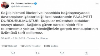 Bakan Koca açıkladı: Hastanenin faaliyeti durduruldu