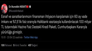 Bakan Nebati: “100 milyar liralık Hazine Faiz Destekli Kredi Paketi yürürlüğe girmiştir”