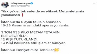 Bakan Soylu duyurdu: Türkiyede tek seferdeki en fazla miktardaki metamfetamin yakalanması gerçekleştirildi