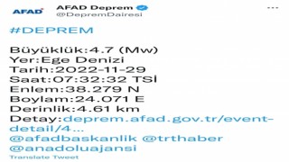 Ege Denizi açıklarında 4.7 büyüklüğünde deprem