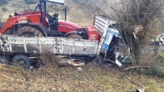 Traktör yüklü kamyon ağaca çarptı: 2 yaralı