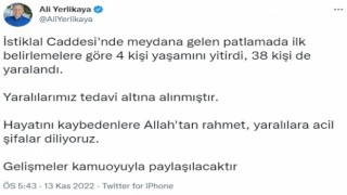 Vali Yerlikaya: (Taksimde patlama) 4 kişi yaşamını yitirdi, 38 kişi yaralandı