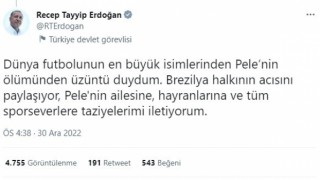 Cumhurbaşkanı Erdoğandan Brezilyalı futbolcu Pele için taziye mesajı