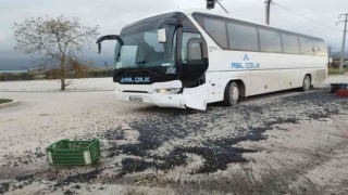 Kamyonet ile servis otobüsü çarpıştı, 1,5 ton zeytin yola saçıldı