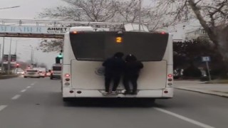 Otobüse tırmanan magandaların tehlikeli yolculuğu kameraya yansıdı