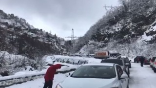Artvinde kar yağışı karayolunda ulaşımın aksamasına neden oldu