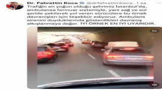 Bakan Kocadan ambulansa fermuar sistemiyle yol veren sürücülere teşekkür