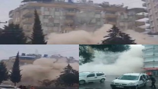 Deprem anında bir binanın çökmesi, diğerinin sallanması kamerada