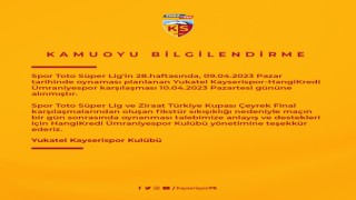 Kayserispor - Ümraniyespor maçı Pazartesine alındı