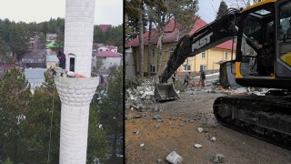 Zorkun'da Depremde hasar gören Cami minaresi yıkıldı
