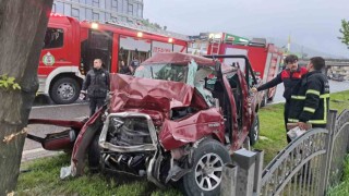 Ağaca çarpıp hurdaya dönen pikaptan sağ çıktılar