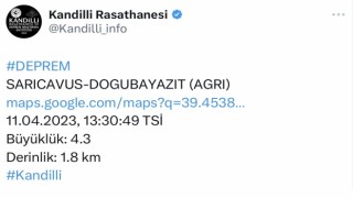 Ağrıda 4.3 büyüklüğünde deprem