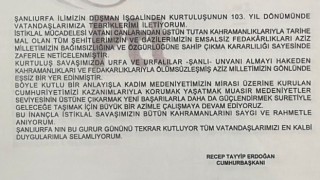 Cumhurbaşkanı Erdoğandan Şanlıurfanın kurtuluş gününü kutladı