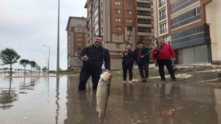Gençlerden CHPli belediyeye ilginç tepki: Göle dönen yolda balık tuttular