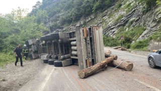 Tomruk yüklü tır devrildi, sürücüsü ağır yaralandı