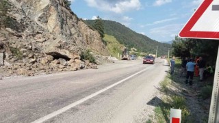 Heyelan nedeniyle dağdan kopan kaya parçaları yolu kapattı