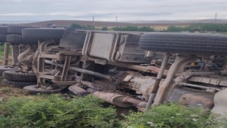 Arpa yüklü kamyon devrildi, sürücü yaralandı