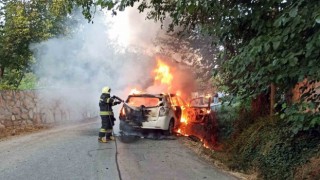 Kaza yapan araç yandı