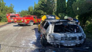 Ralli yarışında otomobil alev alev yandı