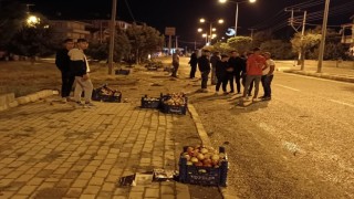 Kaldırıma çarpan kamyondan yola dağılan elmaları vatandaşlar topladı