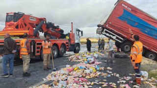 Kaygan yolda tır devrildi: Dorsedeki sabunlar yola saçıldı