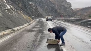 Yüksekova-Van kara yoluna kaya düştü