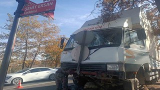 Freni patlayan kamyonet direğe çarparak durabildi