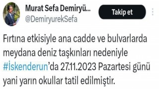 İskenderunda okullar 1 gün tatil edildi