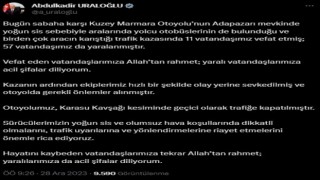 Bakan Uraloğlu: “(Kuzey Marmara Otoyolundaki kaza) Otoyolumuz, Karasu kavşağı kesiminde geçici olarak trafiğe kapatıldı”