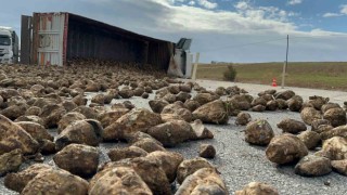 Devrilen tırın dorsesindeki 27 yon pancar yola dağıldı