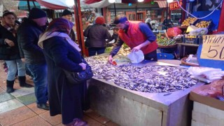 Kilosu 50 liradan satılan hamsi için kuyruk oluşturdular