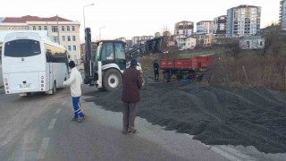 Römork devrildi: Yol, ayçiçeği harmanına dönüştü