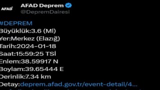 Elazığda 3.6 büyüklüğünde deprem